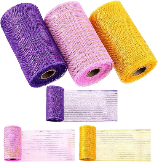 Swpeet 3 Rolls 6 Inches Mesh Ribbon Glitter Metallic Wrapping Ribbon Kit, Glitter Tulle Fabric Spool Ribbon Metallic Foil Mesh Ribbon for DIY Project Wreaths Party Decorations Wrapping Craft