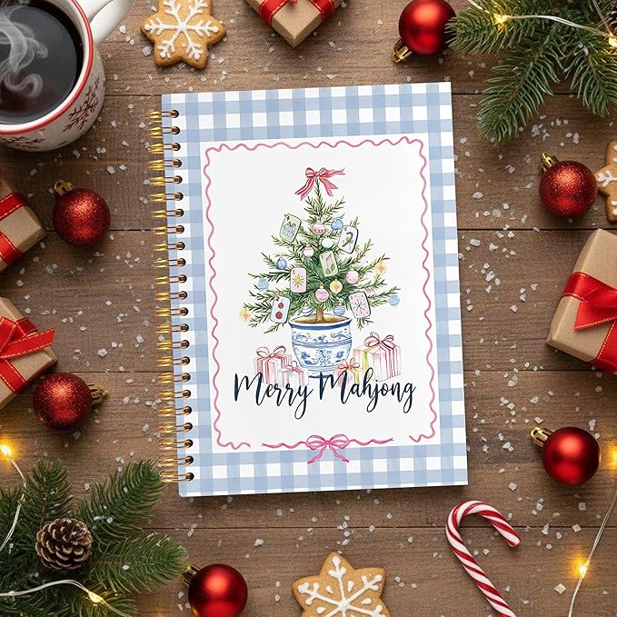 VIIJJUE Merry Mahjong Chinoiserie Christmas Tree Notebook Journal, Blue and White Christmas Journal, Xmas Checkered Holiday Hardcover Spiral Notebooks, 5.5x8.3 Inch