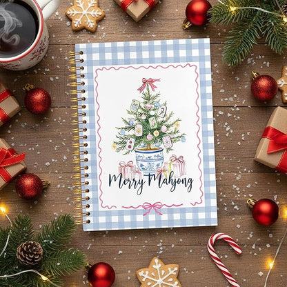 VIIJJUE Merry Mahjong Chinoiserie Christmas Tree Notebook Journal, Blue and White Christmas Journal, Xmas Checkered Holiday Hardcover Spiral Notebooks, 5.5x8.3 Inch