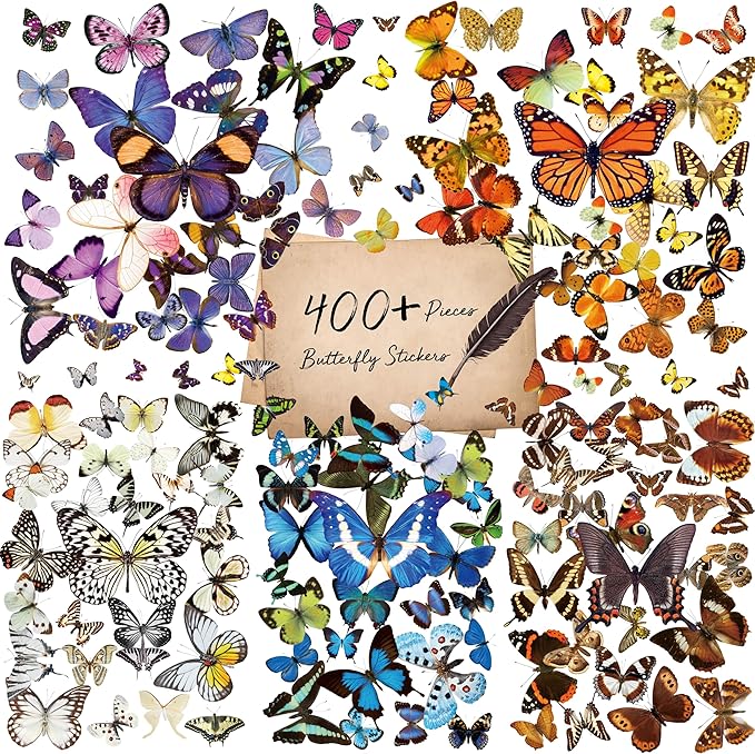 400+ PCS Realistic Butterfly Stickers, Self-Adhesive PVC Vintage Butterfly Stickers for Scrapbook, Laptop, Journal, DIY Project, Window, Envelope Spring Themed Party Decors