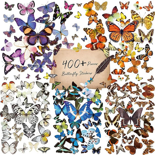 400+ PCS Realistic Butterfly Stickers, Self-Adhesive PVC Vintage Butterfly Stickers for Scrapbook, Laptop, Journal, DIY Project, Window, Envelope Spring Themed Party Decors