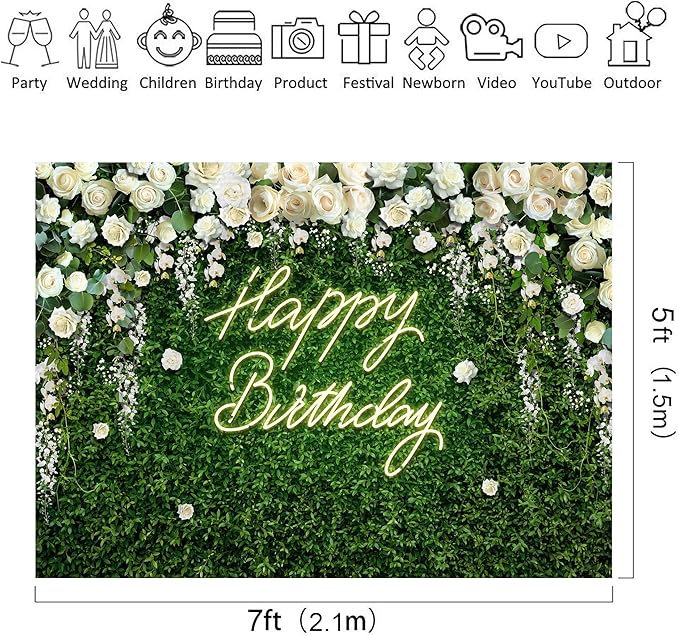 Riyidecor Happy Birthday Backdrop for Women Neon Flower Wall White Rose Green Leaves Floral Blossom Botanical Plant 7Wx5H Feet Nature Photography Background Girls Photo Studio Shoot Polyester Fabric