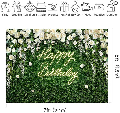 Riyidecor Happy Birthday Backdrop for Women Neon Flower Wall White Rose Green Leaves Floral Blossom Botanical Plant 7Wx5H Feet Nature Photography Background Girls Photo Studio Shoot Polyester Fabric