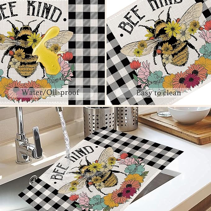 Summer Bee Placemats Set of 6,Washable Heat Resistant 12×18 Inch Linen Table Mats Sunflower Place Mats for Party Outdoor Dining Decor