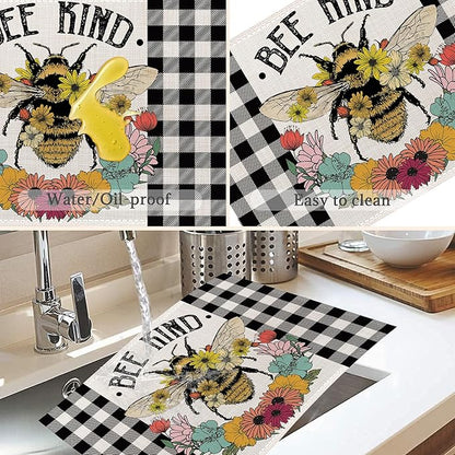 Summer Bee Placemats Set of 6,Washable Heat Resistant 12×18 Inch Linen Table Mats Sunflower Place Mats for Party Outdoor Dining Decor