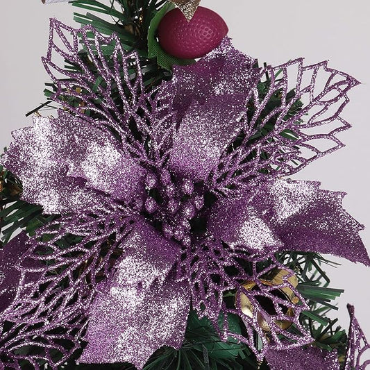 RECUTMS 10 Packs Christmas Glitter Poinsettia Flowers Artificial Christmas Flowers Decorations Wedding Xmas Tree New Year Ornaments Xmas Garland Wreath DIY Decorations Supplies(Light Purple)