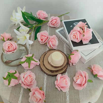 Artificial Satin Rose Flower Heads,42 Pcs Silk Rose Heads with Stems,3.5'' Rose Artificial Flowers Bulk,Artificial Rose Flower Heads for DIY Crafts Bouquet (42, Light Pink)