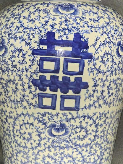 19" Antique Like Finish Blue and White Ginger Jars Porcelain Temple Ceramic Ginger Jar Vase, Double Happiness China Ming Style, Jingdezhen(L16)
