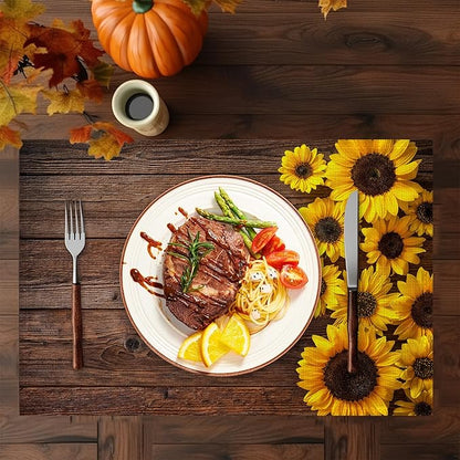 Sunflowers Wooden Placemats Set of 6,Washable Heat Resistant 12×18 Inch Linen Table Mats,Place Mats for Party Outdoor Dining Decor