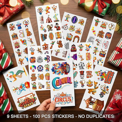 100 PCS Carnival Circus Stickers Pack, Vinyl Waterproof Decals of Clowns Popcorn Ferris Wheel Elephants, Fun Gift for Students Teens Adults Birthday Laptop Bottle Scrapbook Birthday Christmas