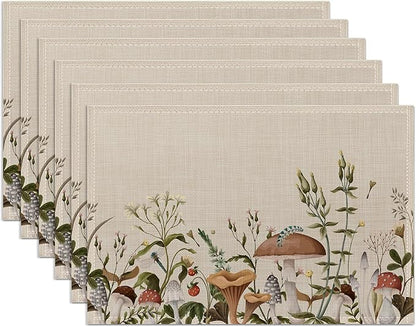 Mushroom Plants Placemats Set of 6,Washable Heat Resistant 12×18 Inch Linen Table Mats Fall Place Mats for Party Outdoor Dining Décor