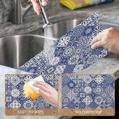 Blue Folk Ethnic Placemats Set of 6 Place Mats for Kitchen Table Washable Farmhouse Linen Table Mats Dining Decoration 12x18 Inch