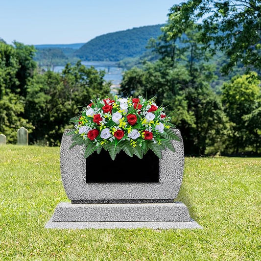 Artificial Cemetery Flowers Saddle-Shaped Tombstone Decorations Non-Fading UV-Resistant （Red and White Saddle