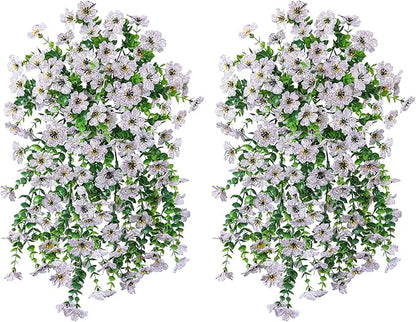 INSPRING Artificial Faux Outdoor Outside Flowers Plants, 2 PCS Fake Silk UV Resistant Look Real White Daisy Trailing Vines for Front Door Porch Planter Urn Patio Balcony Decoration