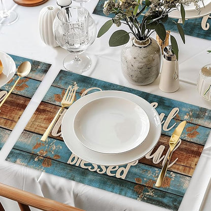 Grateful Thankful Blessed Placemats Set of 6,Wood Grain Dinner Table Mats Non-Slip Washable Mats for Kitchen Dinner Party Tablemat 12x18Inch