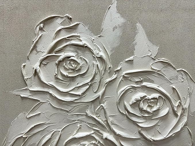 moshinart 24 x 36in Hand-Painted Oil Painting 3D Texture Black White Grey Modern Minimalist Black Abstract Wall Art, Home Office Wall Decoration White Rose