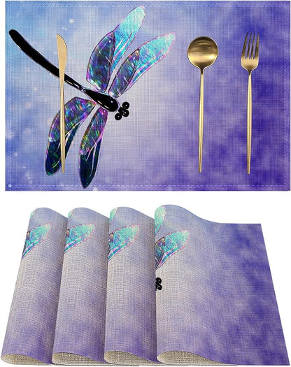 Retro Glass Dragonfly Placemats Set of 4, Waterproof Place Mats Non-Slip Washable Table Mats Set for Kitchen Dining Holiday Party Wedding Decor 12x18 Inch