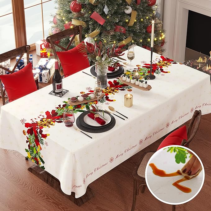 Christmas Rectangle Table Cloth,100% Waterproof Tablecloth,Christmas Decorations for Home, Vinyl Tablecloth Plastic Table Cover for Party，Picnic,Dining,Outdoor 54" x 102",Frosted Wreath