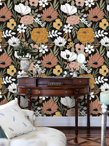Floral Peel and Stick Wallpaper Black Removable Wallpaper Dark Boho Renter Friendly Textured Wallpapers for Bedroom Stick On Contact Paper for Locker Cabinet 17.5 x 118 in