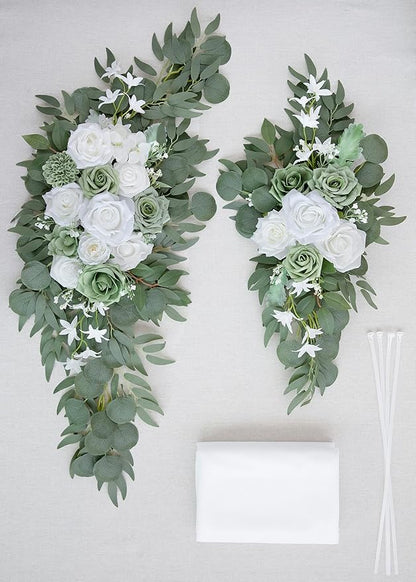 ponatia Wedding Arch Flowers with 26Ft White Arch Draping Fabric, Artificial Sage Green Wedding Flowers for Wedding Welcome Signs Decorations and Arch Flowers for Wedding Ceremony Reception