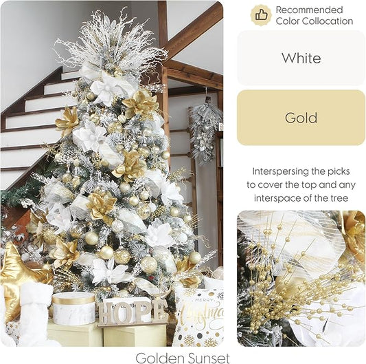 Sea Team 24-Pack Artificial Glitter Berry Stem Ornaments, Decorative Bead Sticks, Glittery Twigs, Picks, Branches for Christmas Tree, Small Vase, Holiday, Wedding, Party (17 Inches, Gold)