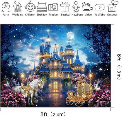 Riyidecor Princess Castle Backdrop Polyester Fabric Garden Floral Starry Night Horse Carriage 8Wx6H Feet Fairy Tale Wonderland Photography Background Wedding Birthday Photo Studio Shoot
