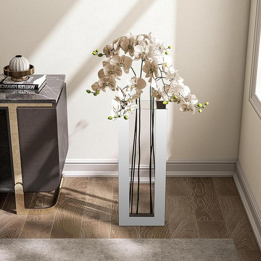 Large Floor Vase, 23.74“ Tall Mirrored Vase Glass for Floor Silver Rectangular Decorative Vases Modern for Luxury Living Room Hallway Corner Decor