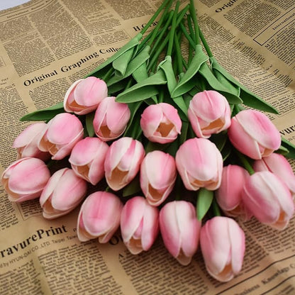 20pcs Artificial Tulips Flowers Fake Faux PU Tulip Bouquet Real Touch Flower Arrangement for Home Room Office Party Wedding Decoration Excellent Gift Idea for Mothers Day (Light Pink 20)