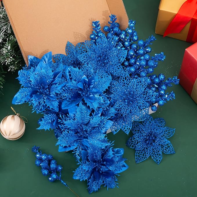 24Pcs Christmas Poinsettia Artificial Flowers and Glitter Berries Kit, 2 Styles Total 16Pcs Christmas Tree Flowers Ornaments, 8Pcs Christmas Tree Picks for Wedding Holiday Decorations, Baby Blue