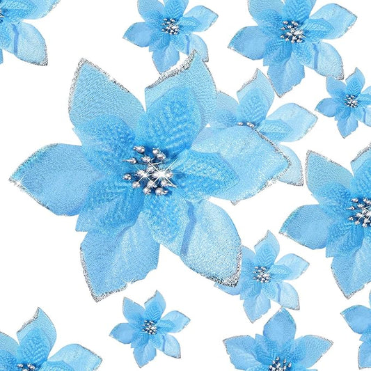 WILLBOND 24 Pcs 3 Size Poinsettia Flower Artificial Christmas Decor Glitter Poinsettia Christmas Ornaments Faux Flowers for Xmas Tree Outdoor(4/6/7.9 Inches,Lake Blue)