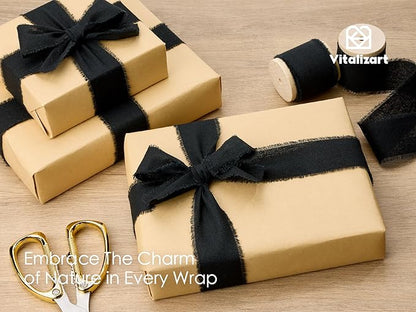 Vitalizart Black Ribbon 1-1/2" x 15 Yd 100% Cotton Handmade Frayed Fringe Fabric Ribbons for Gift Wrapping Wedding Invites Bridal Shower Bouquets Christmas Decorations