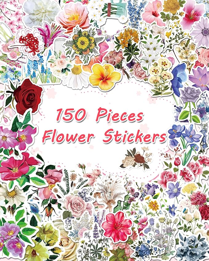 AOWDIAO 150 Pcs Flower Stickers Waterproof Floral Vinyl Stickers Decals for Water Bottles Laptop Scrapbooking Journaling