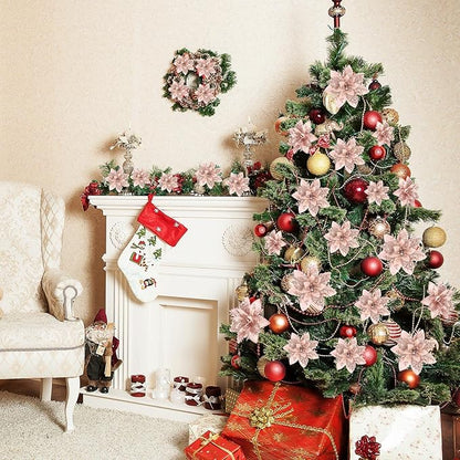 Geosar 24 Christmas Glitter Artificial Poinsettia Flowers Xmas Poinsettia Artificial Wedding Flowers Decorations Xmas Tree Ornaments with Clips for Party Favors, 6 Inch, 4 Inch, 3 Inch (Rose Gold)