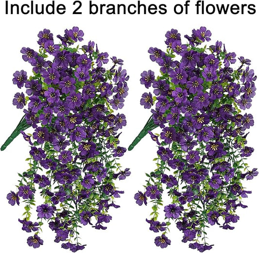 Artificial Faux Hanging Flowers Plants for Spring Outdoor Outside Decoration, 2 PCS Fake Silk Daisy with Eucalyptus UV Resistant Realistic Trailing Vines for Balcony Patio Porch (Dark Purple)