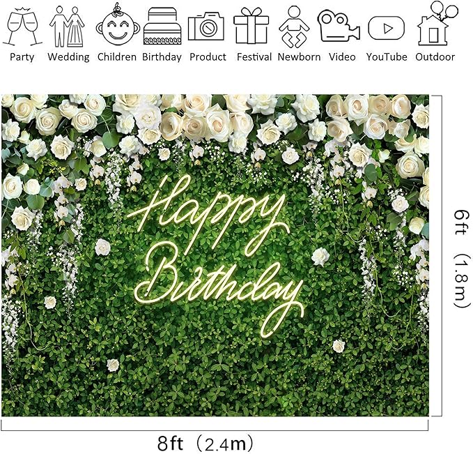 Riyidecor Green Leaves Birthday Backdrop Polyester Fabric for Women Flower Wall 8Wx6H Feet White Rose Floral Elegant Happy Birthday for Girls Photography Background Birthday Party Photo Studio Shoot
