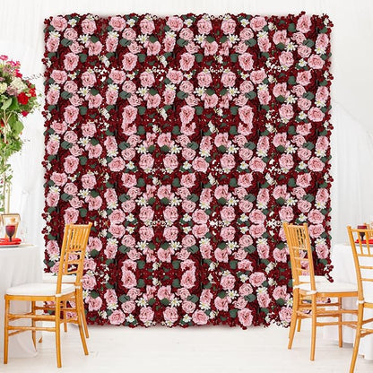 Pack of 12 Artificial Silk Flower Panels, Faux Floral Wall Background for Wedding Party Engagement Bridal Shower Arrangement Home Decorations - Burgundy & Dusty Pink