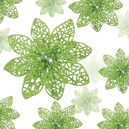 Boao Green 24 Pieces Poinsettia Flower Christmas Glitter Artificial Poinsettia with Clips Christmas Tree Ornament Decorations for DIY Xmas Wreath Holiday Home Party Decor, 3/4/6 Inches