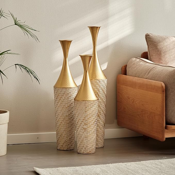 Floor Oversized Gold Metal Decorative Vase with 3D Triangle Pattern Set of 3 Large Vases for Home Living Room 33.5 ", 29.5 ", 25.2" High (Champagne)