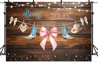 Riyidecor Boots or Bows Gender Reveal Backdrop Polyester Fabric Boy or Girl Baby Shower 7Wx5H Feet Rustic Western Wood Cowboy Hat Cowgirl Photography Background Newborn Photo Studio Shoot