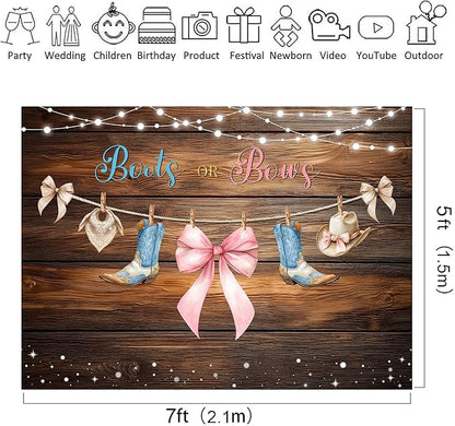 Riyidecor Boots or Bows Gender Reveal Backdrop Polyester Fabric Boy or Girl Baby Shower 7Wx5H Feet Rustic Western Wood Cowboy Hat Cowgirl Photography Background Newborn Photo Studio Shoot
