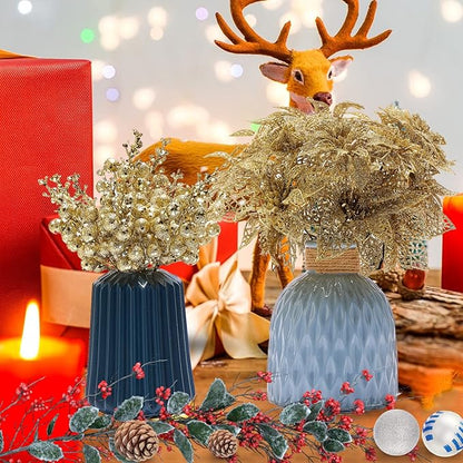 Zhuqing 22Pcs Christmas Poinsettia Artificial Flowers and Glitter Berries Stems Kit, 16Pcs Christmas Tree Flowers Ornaments and 6 Pack Christmas Tree Picks for Wedding Holiday Decorations (Gold)