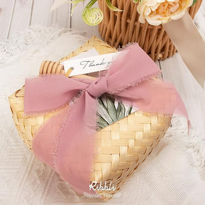 Ribbli Chiffon Silk Ribbon, 1.5 inch x 30 Yard, Champagne/Blush Pink/Dusty Rose Fringe Chiffon Ribbon for Wedding Invitations, Bridal Bouquets Wrapping, Flower Arrangement Decoration