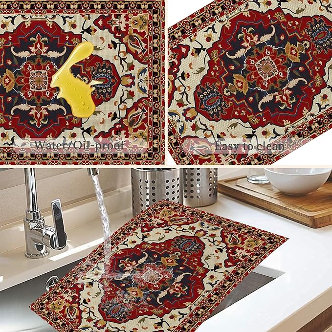 Fall Boho Carpet Placemats Set of 6, Washable Heat Resistant 12×18 Inch Linen Table Mats Orange Brown Place Mats for Party Outdoor Dining Decor