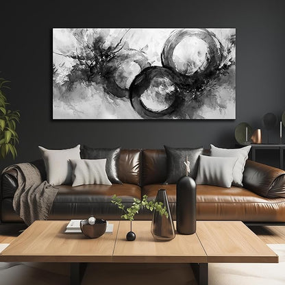 JuhaiArt White Wall Decor Art for Living Room Office Abstract Canvas Wall Art Black Circle Picture Art 29" x 59" Large Modern Poster Artwork