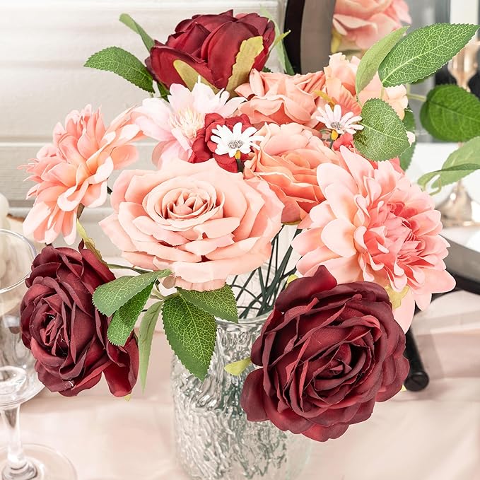 30 Pcs Artificial Flowers Combo Red Flowers Mix Silk Flowers Dahlia Roses with Stems for DIY Wedding Bridal Bouquets, Baby Shower, Floral Arrangement, Table Centerpieces, Home Decorations.