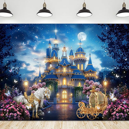 Riyidecor Princess Castle Backdrop Polyester Fabric Garden Floral Starry Night Horse Carriage 8Wx6H Feet Fairy Tale Wonderland Photography Background Wedding Birthday Photo Studio Shoot