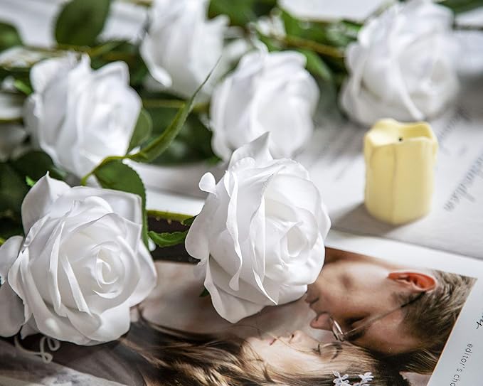 DuHouse 10pcs Fake Roses Artificial Silk Flowers Faux Rose Flower Long Stems Bouquet for Arrangement Wedding Centerpiece Party Home Kitchen Decor (Pure White)