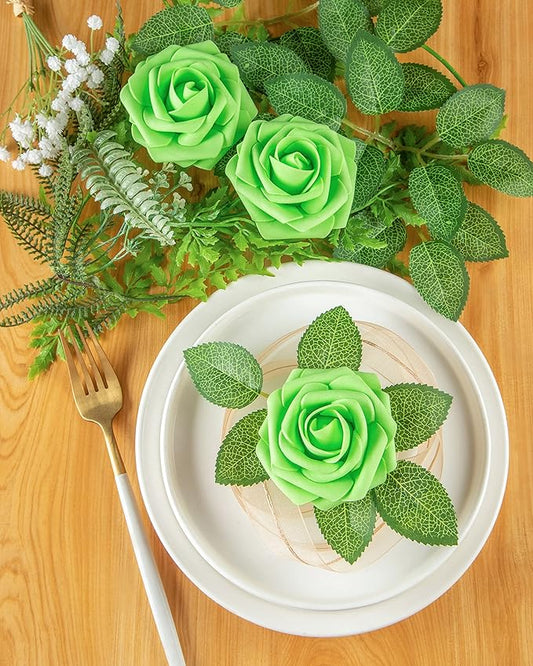 DuHouse 25Pcs Artificial Roses Flowers Fake Roses with Stems Real Touch Foam Flowers for DIY Wedding Bouquet Baby Shower Centerpiece Floral Arrangement Party Home Decor(Light Green)
