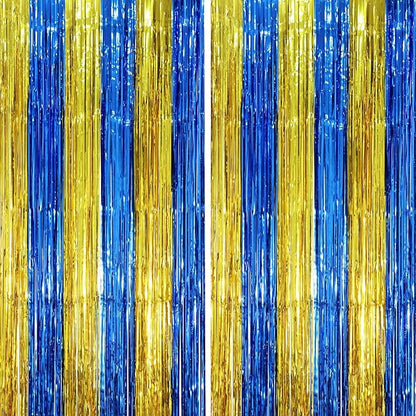 2 Pack Blue Gold Foil Fringe Backdrop Curtains, Graduation Tinsel Streamers Party Decorations, Fringe Backdrop, Door Shimmer for Birthday Party