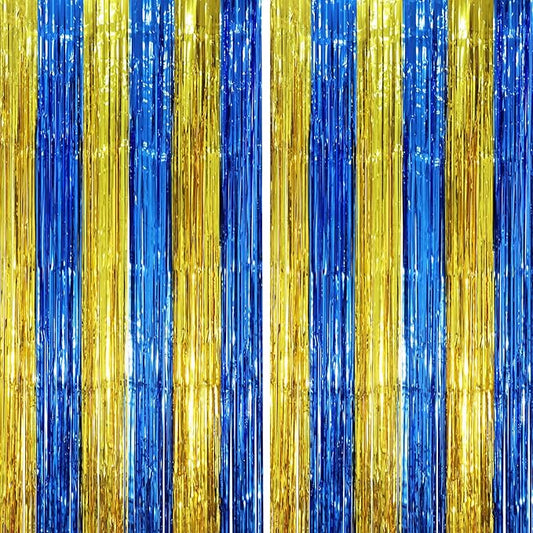 2 Pack Blue Gold Foil Fringe Backdrop Curtains, Graduation Tinsel Streamers Party Decorations, Fringe Backdrop, Door Shimmer for Birthday Party